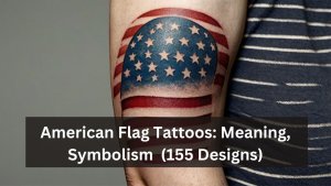 Tattoo of an American flag with stars on a semi-circular blue field, surrounded by red stripes on skin.