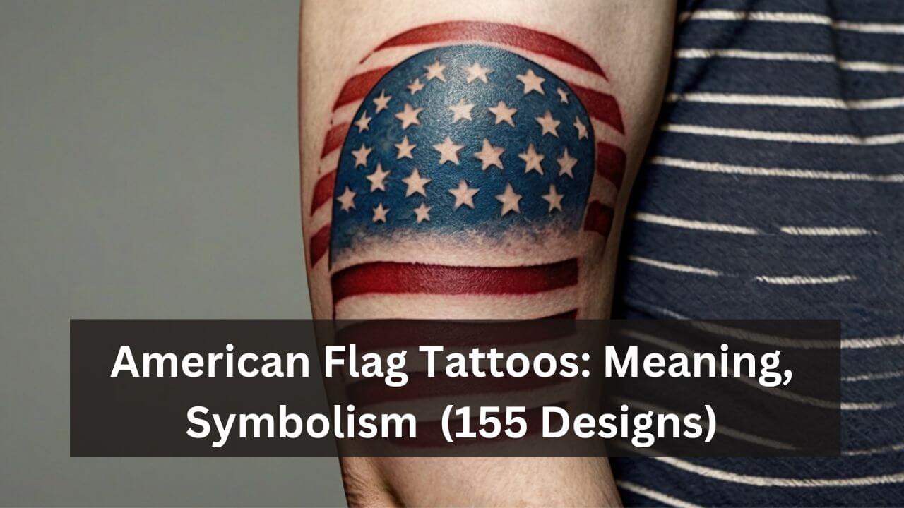 Tattoo of an American flag with stars on a semi-circular blue field, surrounded by red stripes on skin.