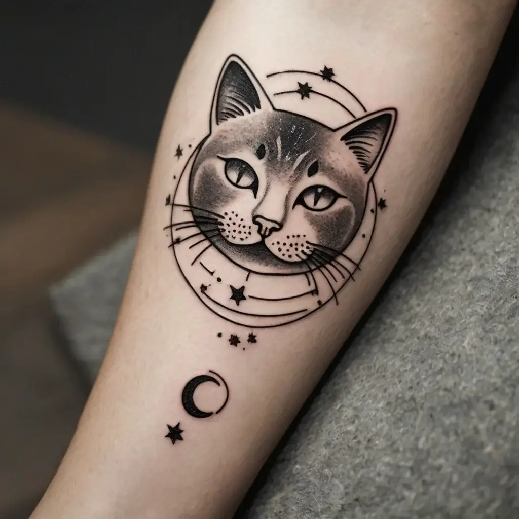 Tattoo of a cat's face with orbiting lines, stars, and a crescent moon, blending cosmic and feline elements for a mystical vibe.