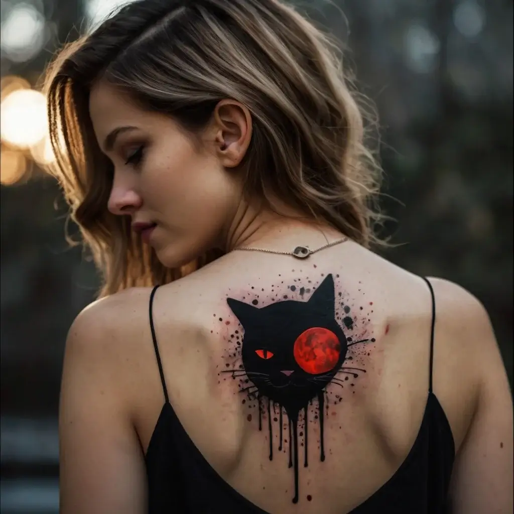 A black cat silhouette with vivid red lunar eclipse eye, surrounded by splatter effects, adorns the upper back.