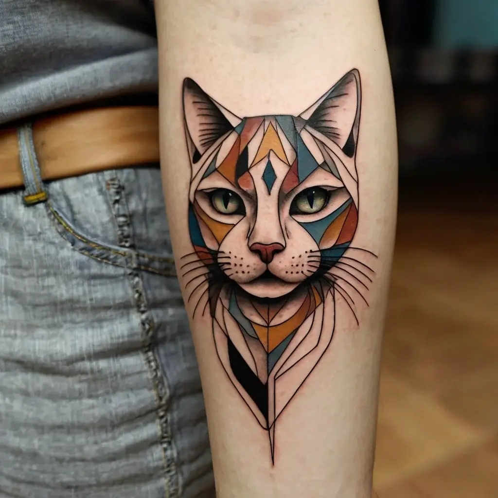 Geometric cat tattoo with rich colors and clean lines, featuring intricate detailing and intense green eyes.