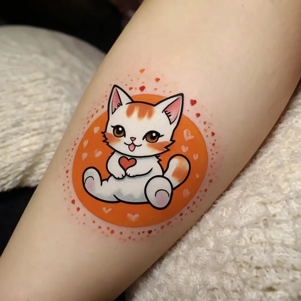 Cute cat tattoo on a circle, holding a heart, surrounded by tiny hearts, with an orange and white color theme.