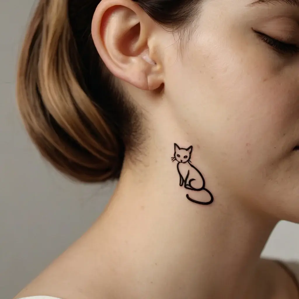 Minimalist tattoo of a sitting cat in black ink on the neck, featuring simple lines and a sleek design for elegance.