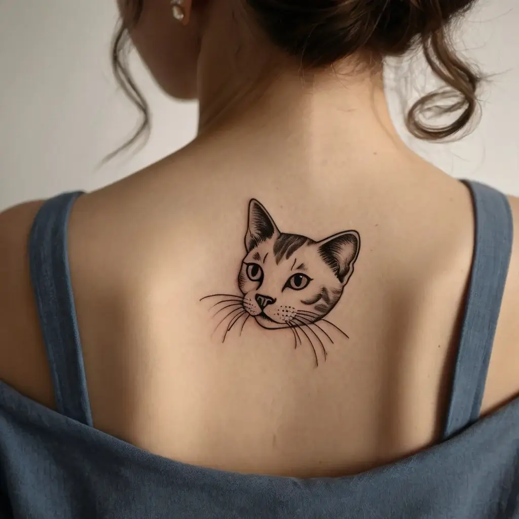 Tattoo of a realistic cat face with striking eyes and detailed fur lines, centered on the upper back.