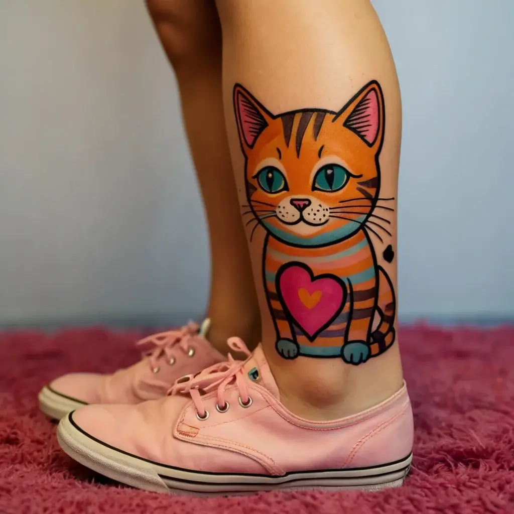 Cartoon-style tattoo of an orange cat on calf. The cat has blue eyes, striped body, and a large pink heart on its chest.