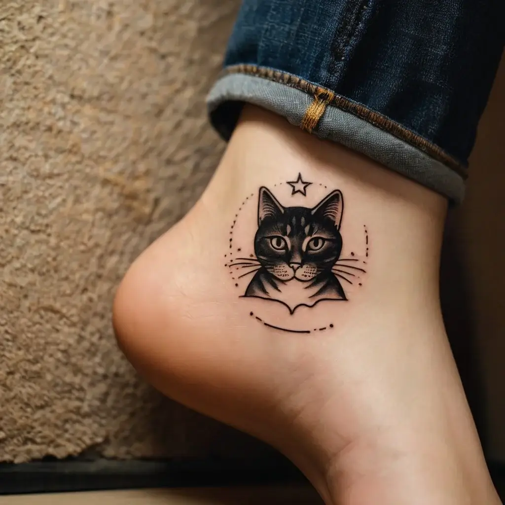 A detailed black and gray cat portrait tattoo on the ankle, adorned with a small star above and dotted circle elements.