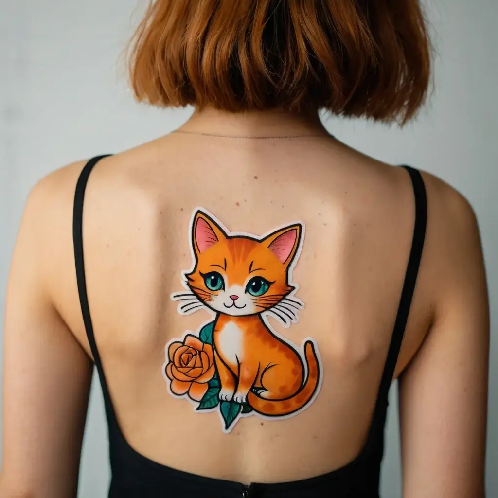 Cute orange cat tattoo with blue eyes and a rose beneath it, centered on the upper back, in vibrant colors.