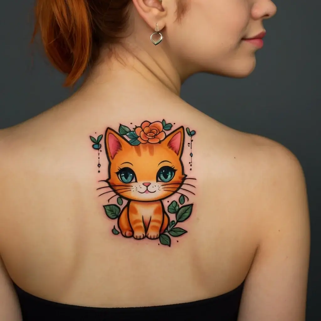 Cute orange cat tattoo with teal eyes, surrounded by greenery and a rose atop its head, styled in a cartoonish design.