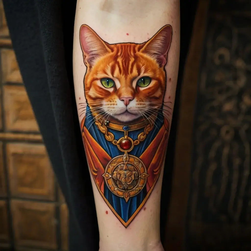 A detailed tattoo of a regal orange cat with a medallion and ornate collar, showcasing vibrant colors and realistic features.