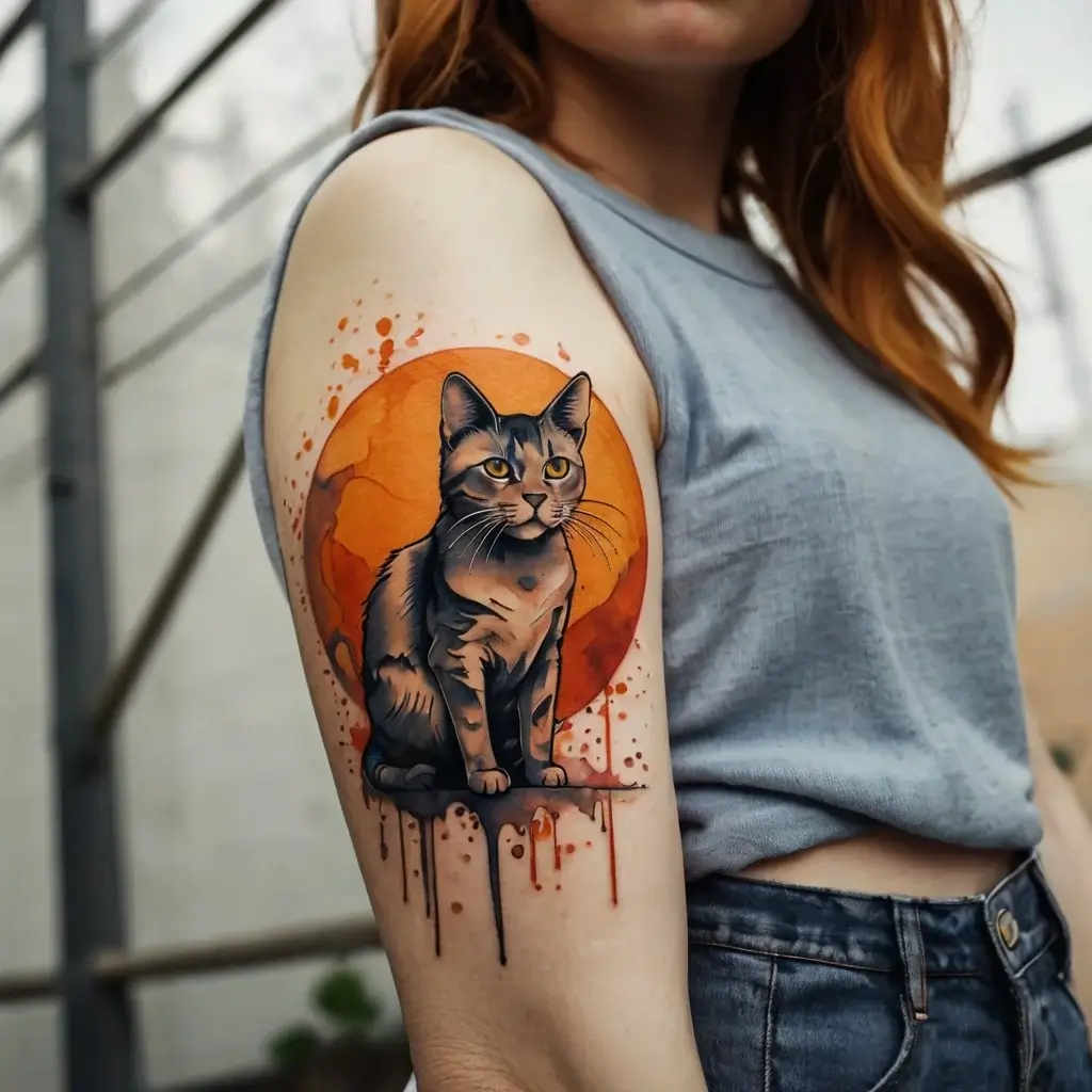 A realistic cat tattoo with vivid orange watercolor background and subtle ink drips on the upper arm.