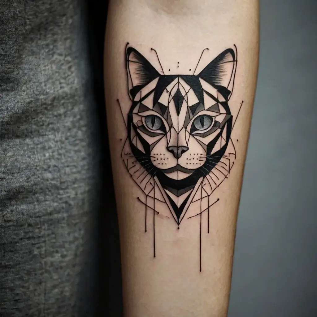 Geometric cat head tattoo with intricate shapes and bold lines, accented by vivid eyes and subtle dot work.