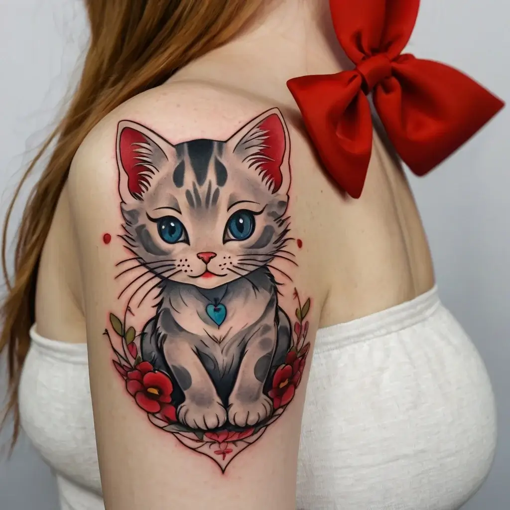 Tattoo of a cute, large-eyed gray cat with a blue collar, surrounded by red flowers, on shoulder. Vibrant and whimsical design.