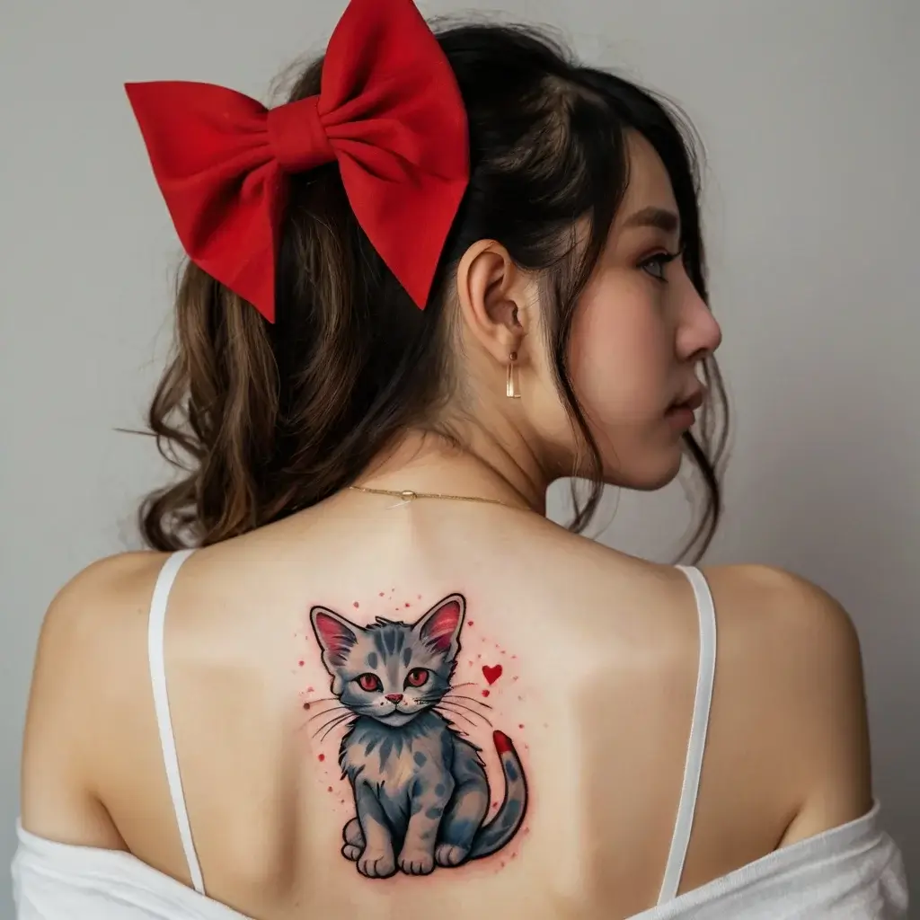 A cute, vivid kitten tattoo with red accents and hearts, centered on the upper back, showcasing a playful yet elegant style.