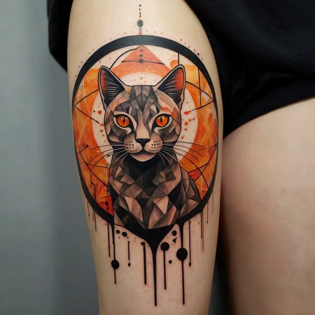 Geometric cat tattoo with orange eyes, surrounded by an abstract orange and black circular background with dripping effects.