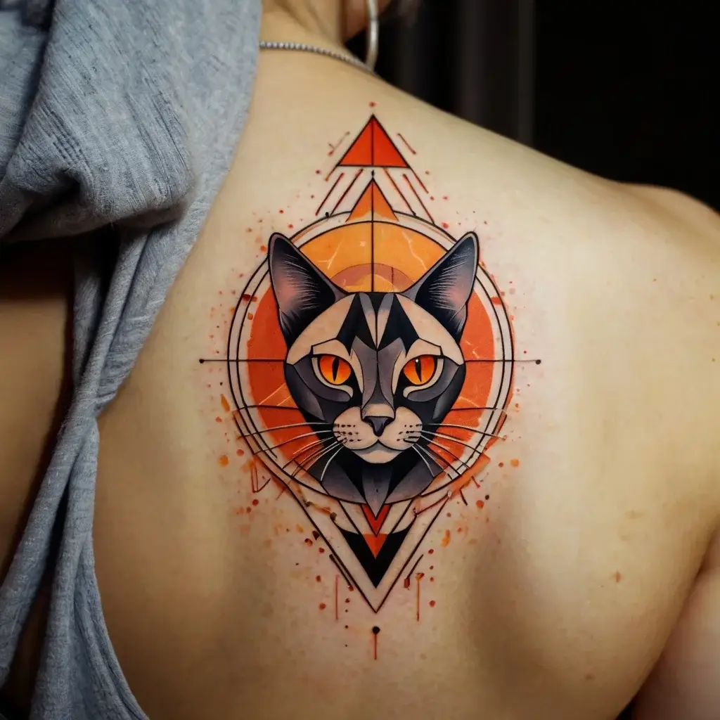 Geometric cat tattoo with vivid orange eyes, set in an abstract, dynamic background of circles and triangles.