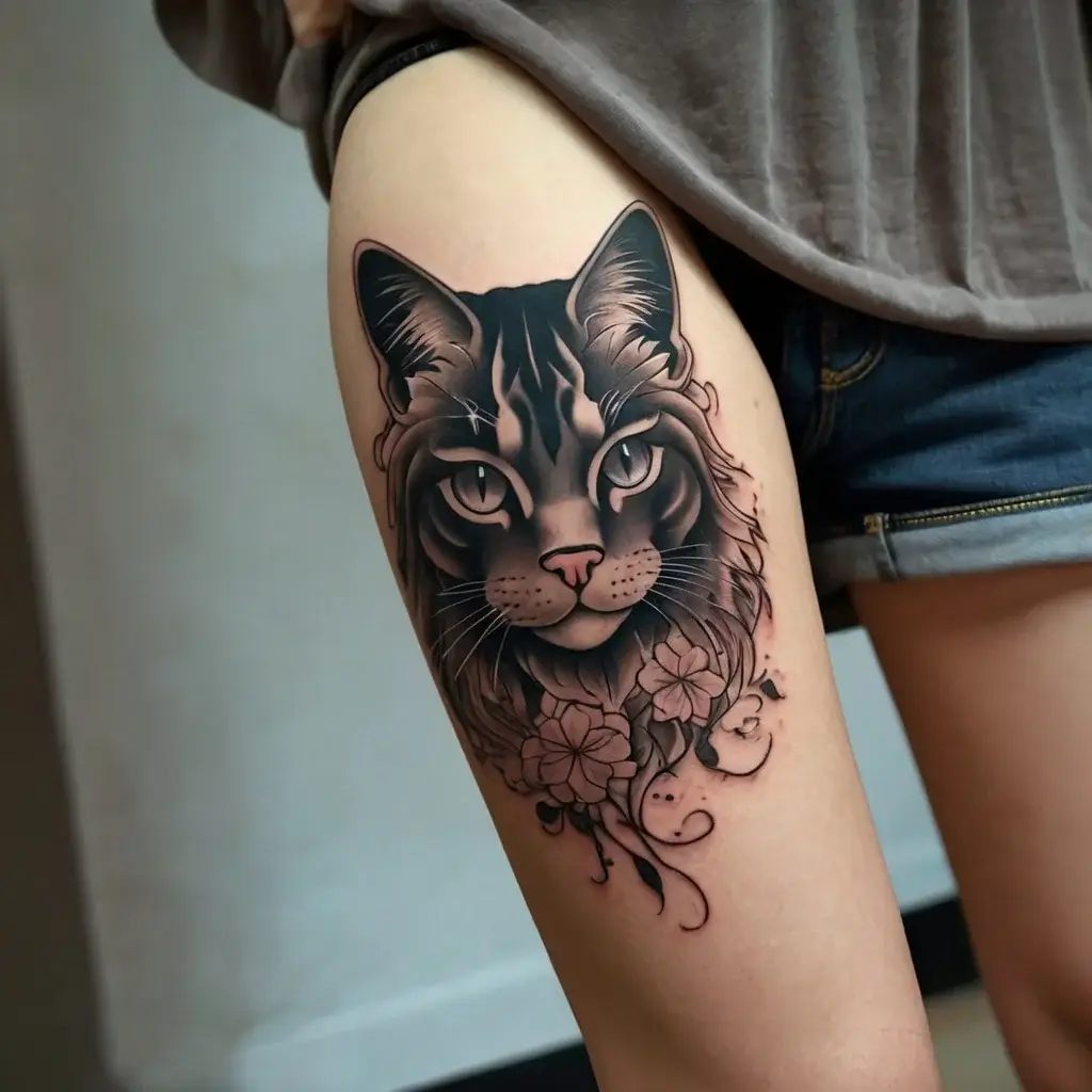 Realistic cat portrait tattoo on thigh, featuring intricate shading and floral elements surrounding the feline's face.