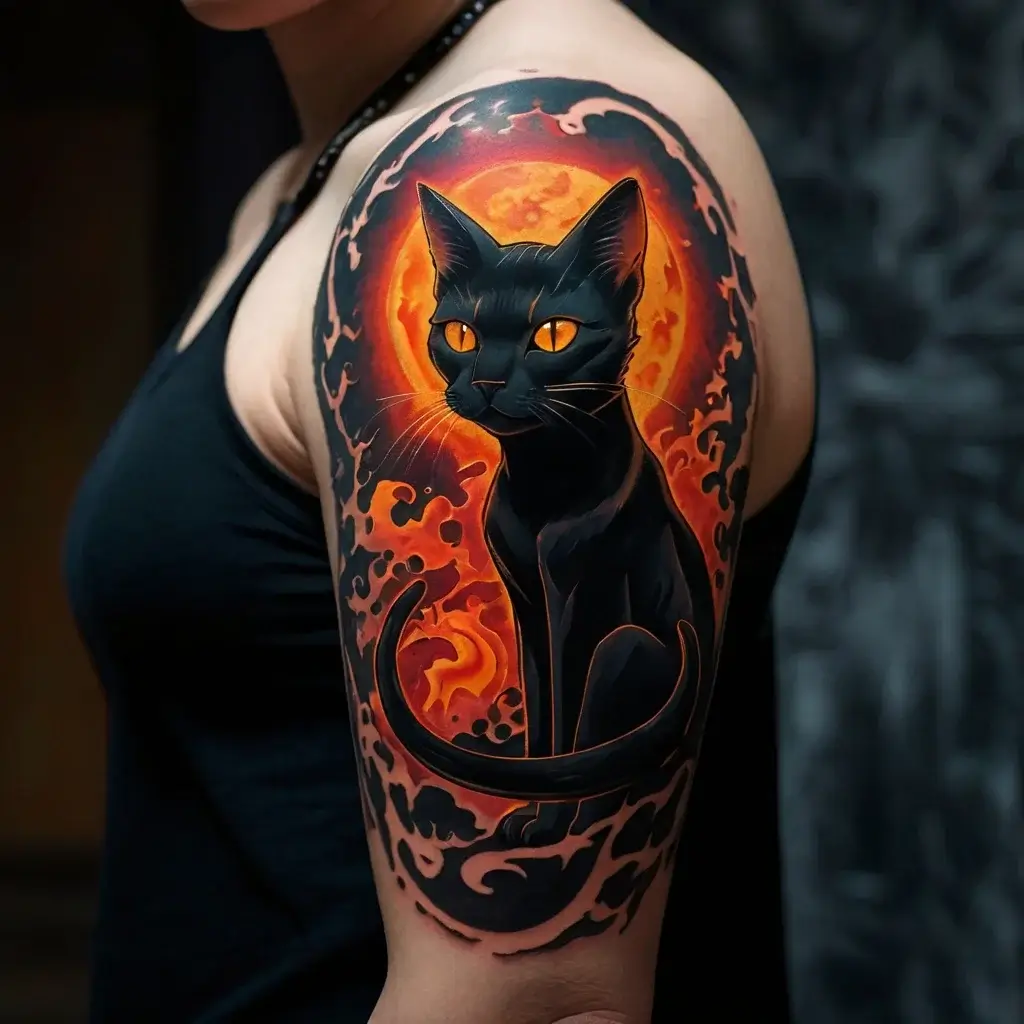 Tattoo of a black cat with fiery orange eyes, surrounded by swirling flames, creating a mystical and dynamic effect.