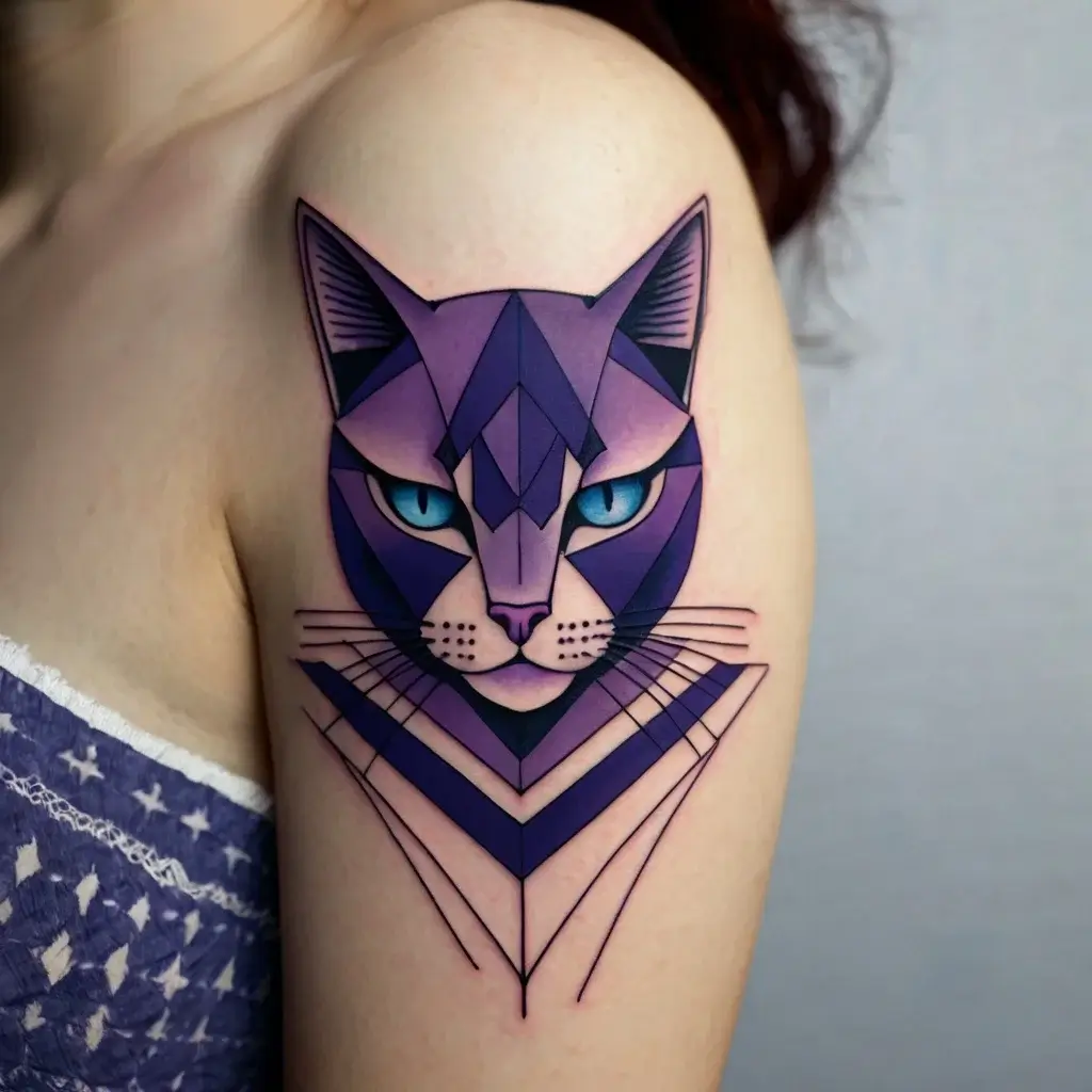 Geometric cat tattoo on upper arm with purple hues and striking blue eyes, combining sharp lines and modern artistry.