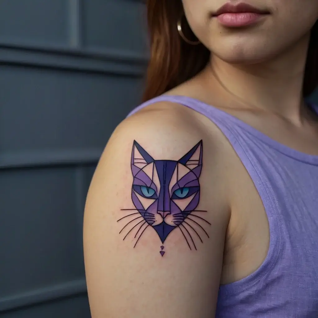 Geometric cat tattoo in purple and blue on the shoulder, featuring angular shapes, sharp lines, and piercing blue eyes.