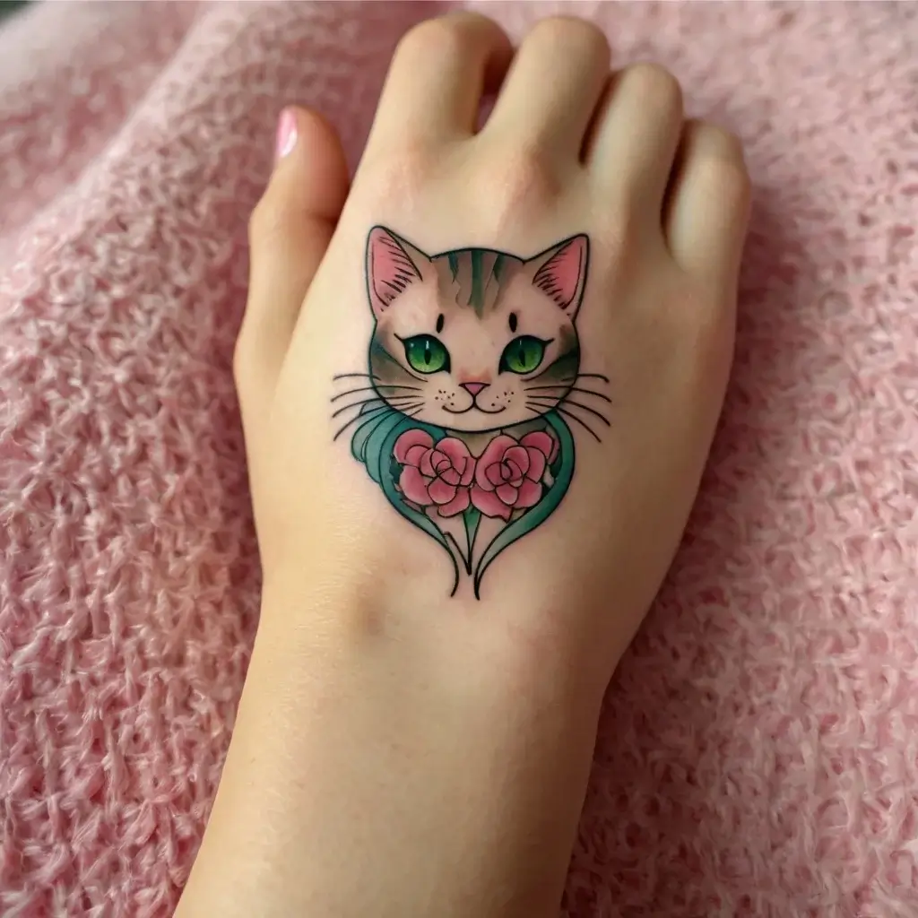 Tattoo of a cat with green eyes, surrounded by stylized teal and pink roses, on the hand.