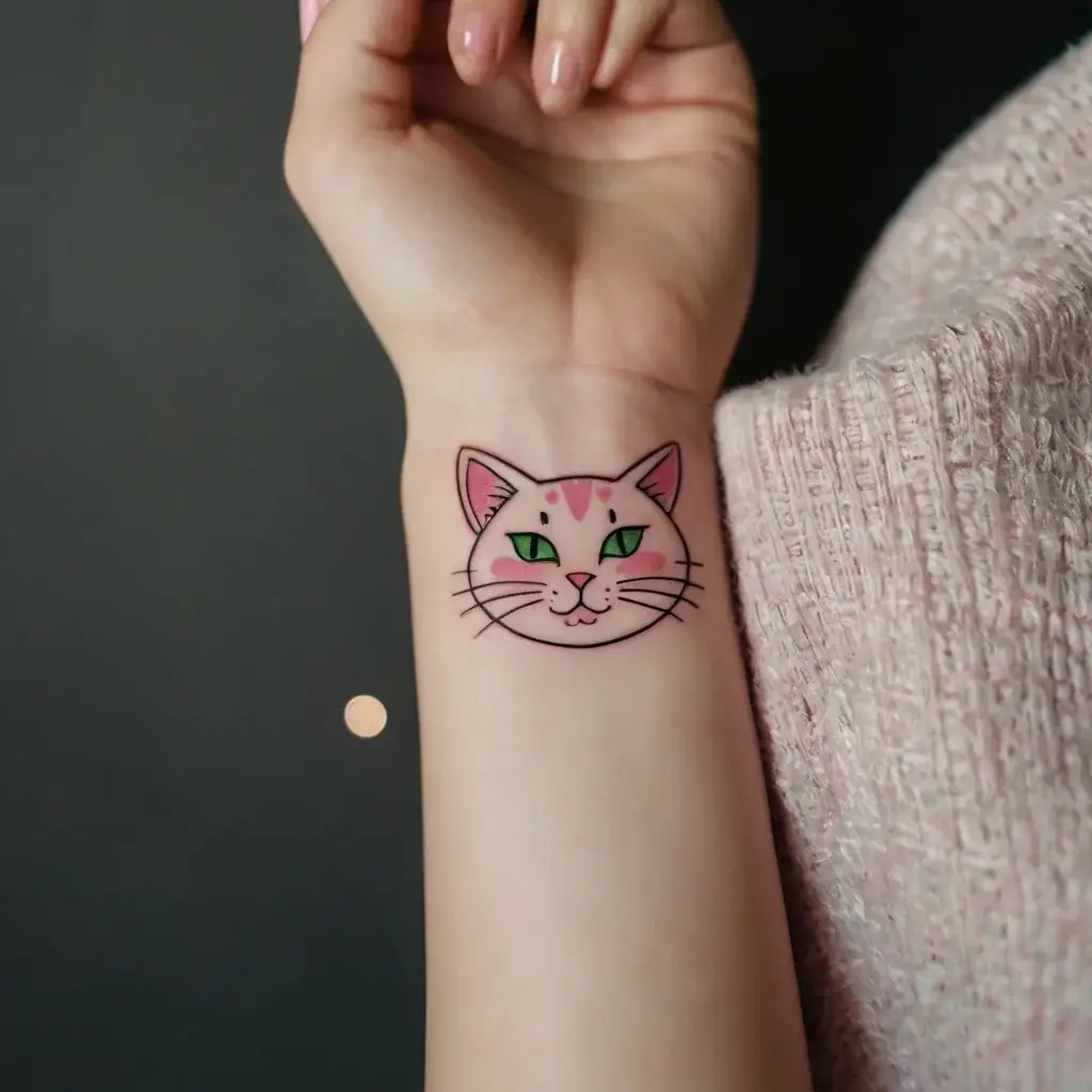 A minimalist tattoo of a pink cat face with green eyes, outlined in black, on the inner wrist.