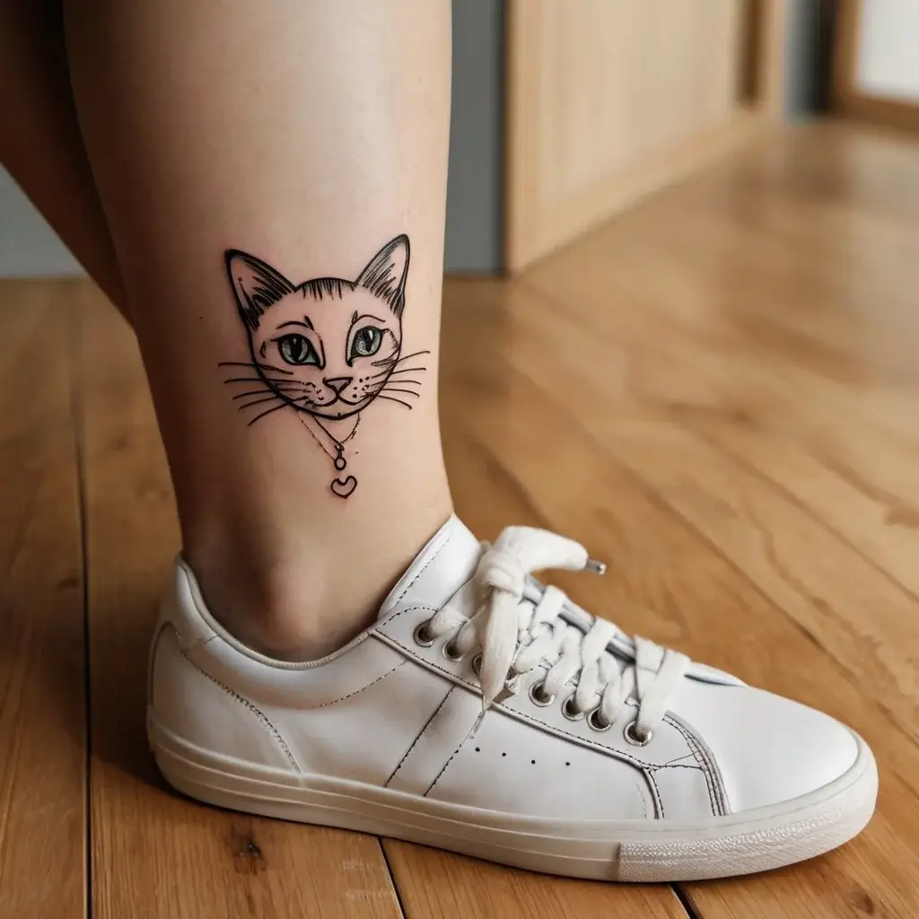 Stylized cat head tattoo with bold lines on leg; features a heart pendant on a chain, above white sneaker.