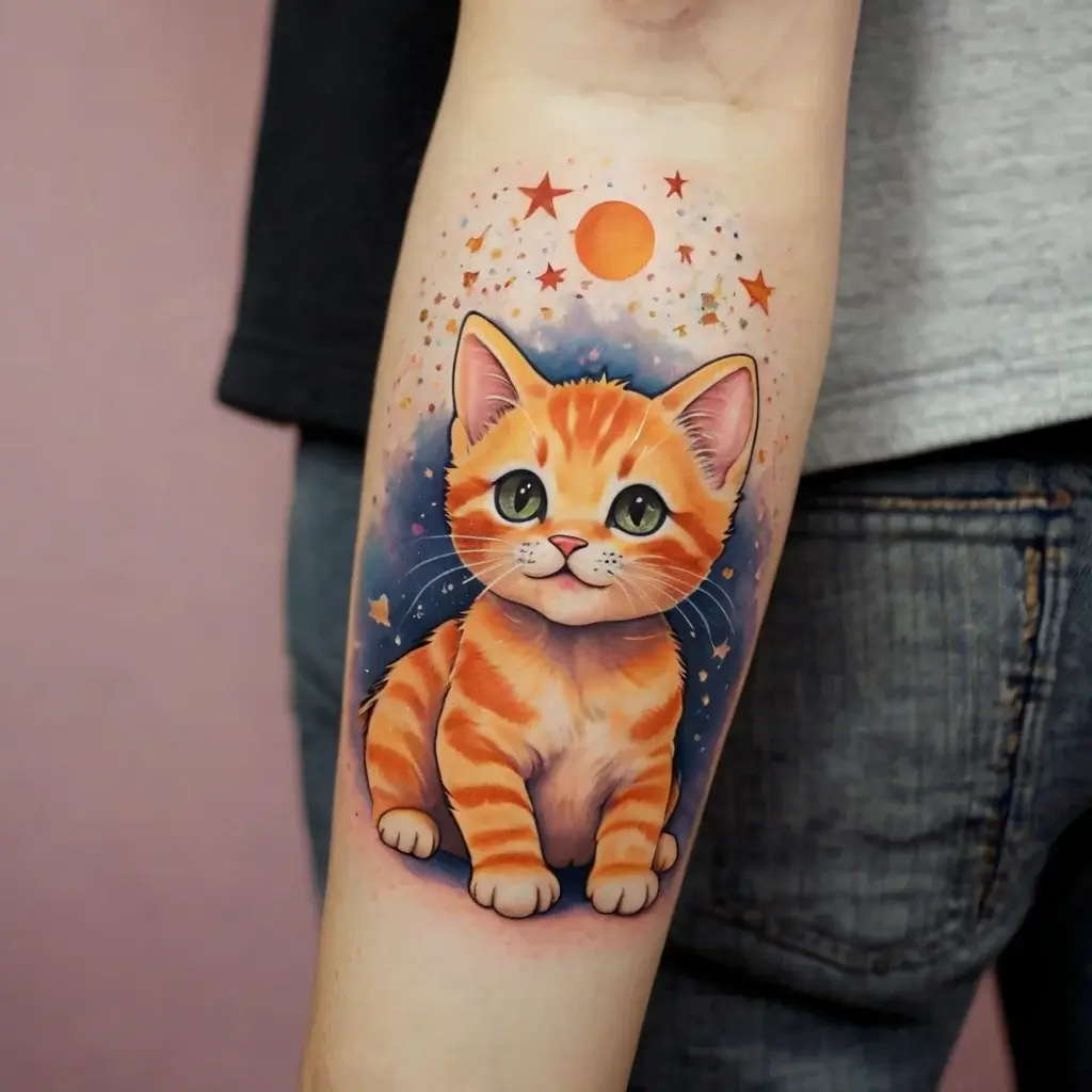 A vibrant tattoo of a cute orange kitten with big eyes, surrounded by stars and a red sun on a colorful cosmic background.