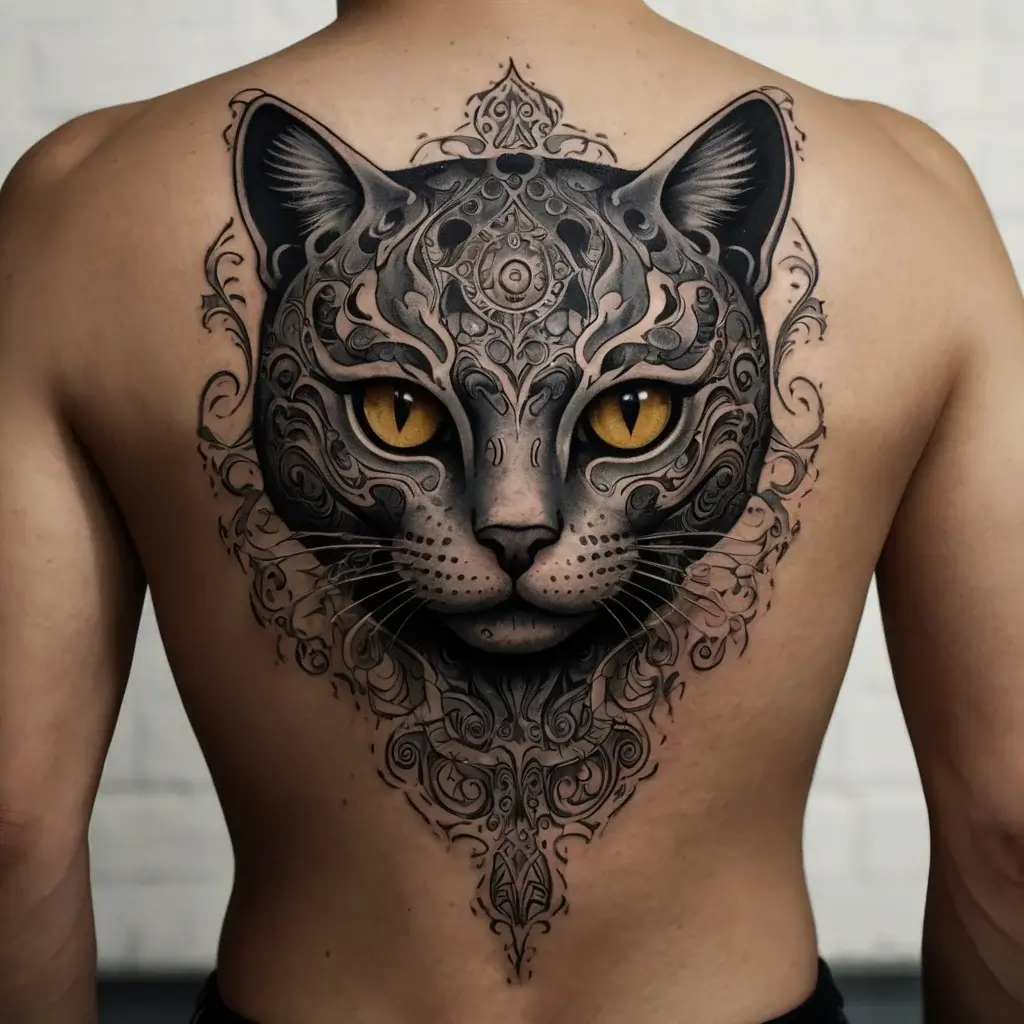 Tattoo of a detailed cat face with intricate ornamental patterns, featuring striking yellow eyes, centered on the back.