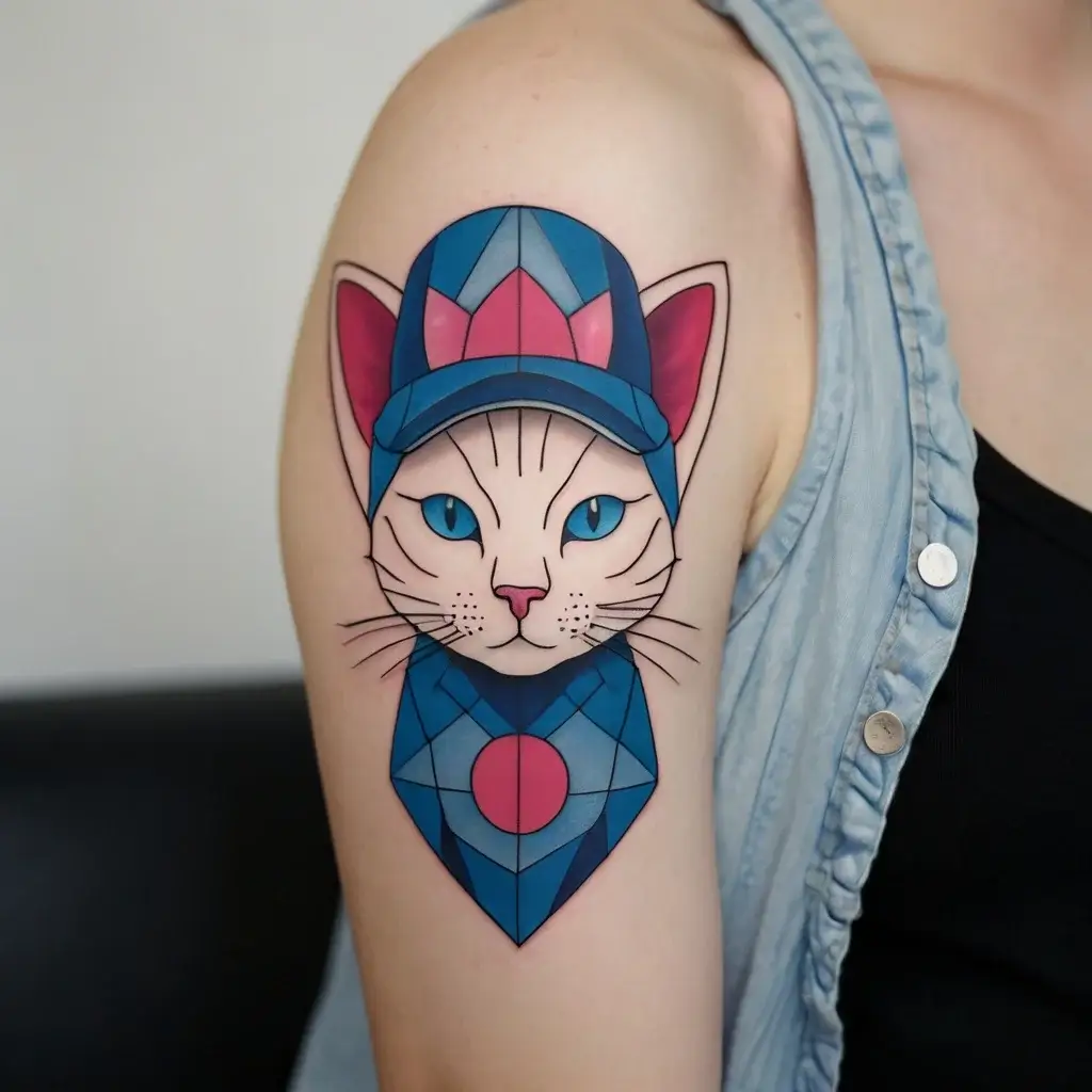 Geometric cat tattoo with a blue and pink cap, featuring bold outlines and vibrant colors on the upper arm.