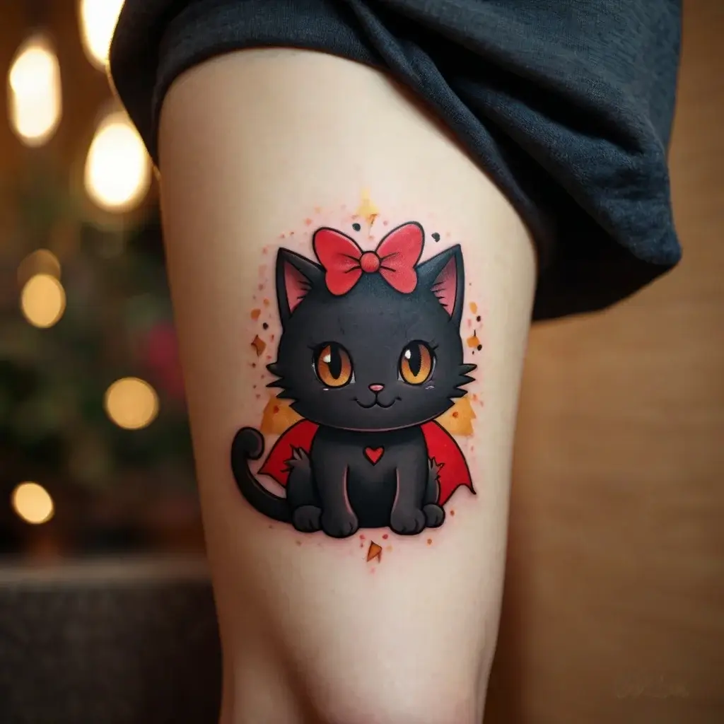 Kawaii black cat tattoo with a red bow and cape, orange eyes, and a small heart on the chest, surrounded by sparkles.