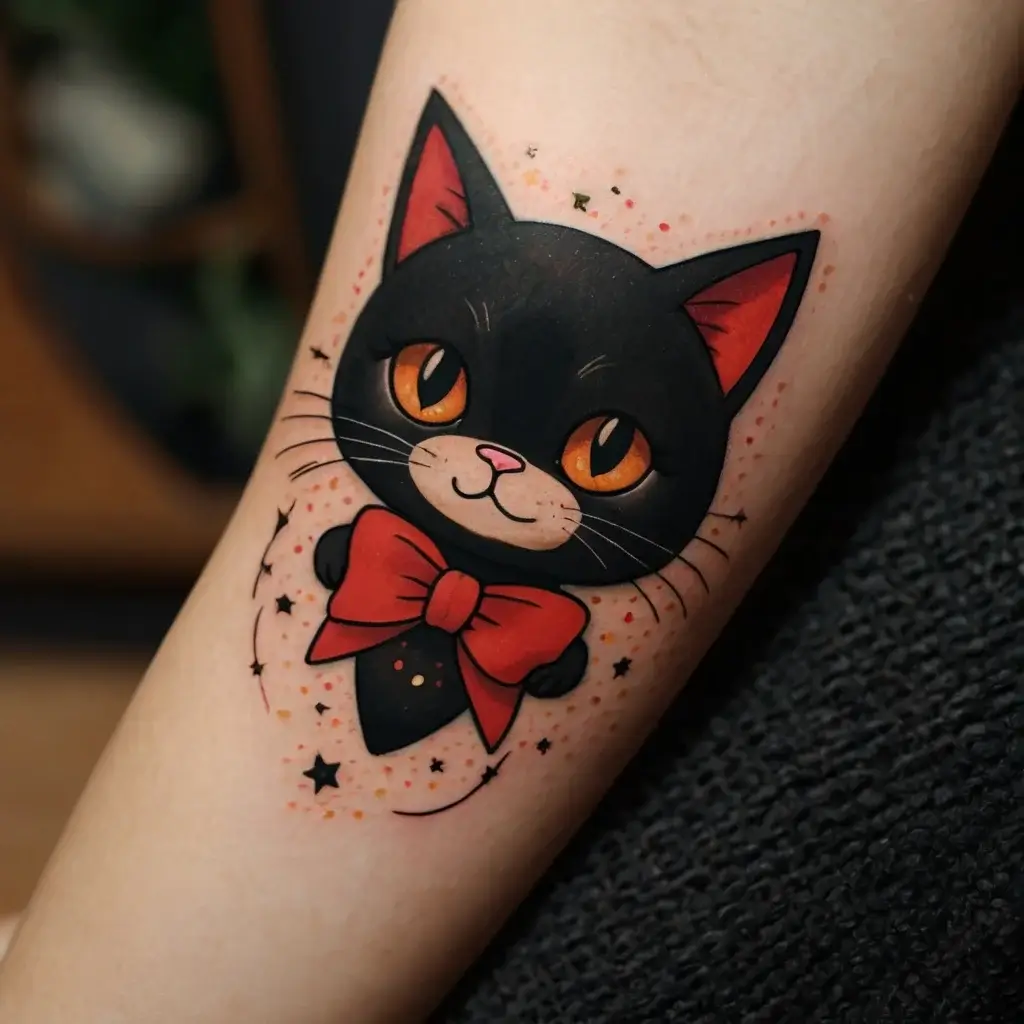 Stylized black cat with orange eyes and a red bow, surrounded by stars and dots, adds a playful, vibrant touch.