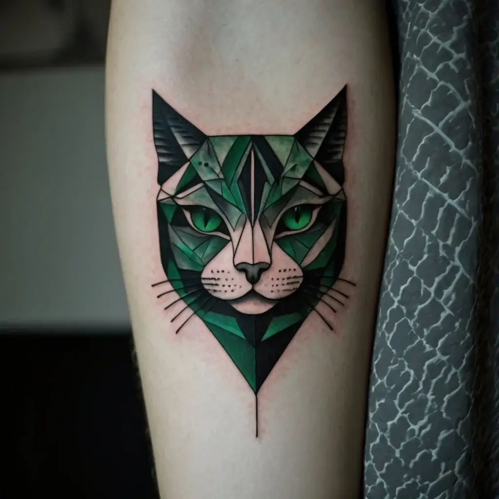 Geometric cat tattoo in green and black tones, with sharp lines and vivid green eyes, creating a modern artistic look.