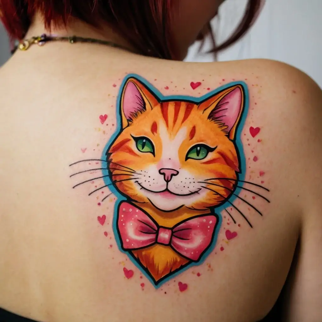 Tattoo of a vibrant orange cat with green eyes, wearing a pink bowtie, surrounded by small pink hearts.