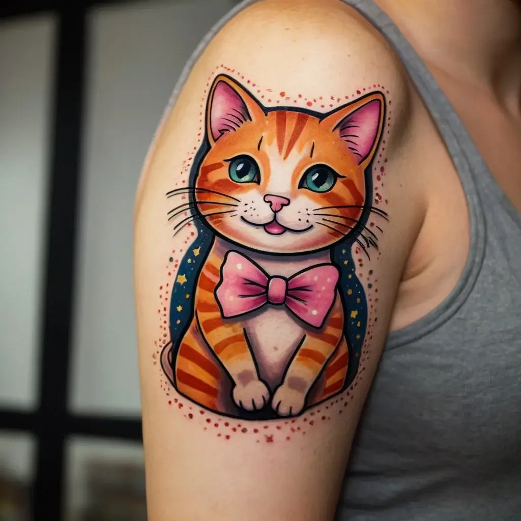 Whimsical orange cat tattoo with a pink bow, framed by stars and dots, blending vivid colors and playful details.