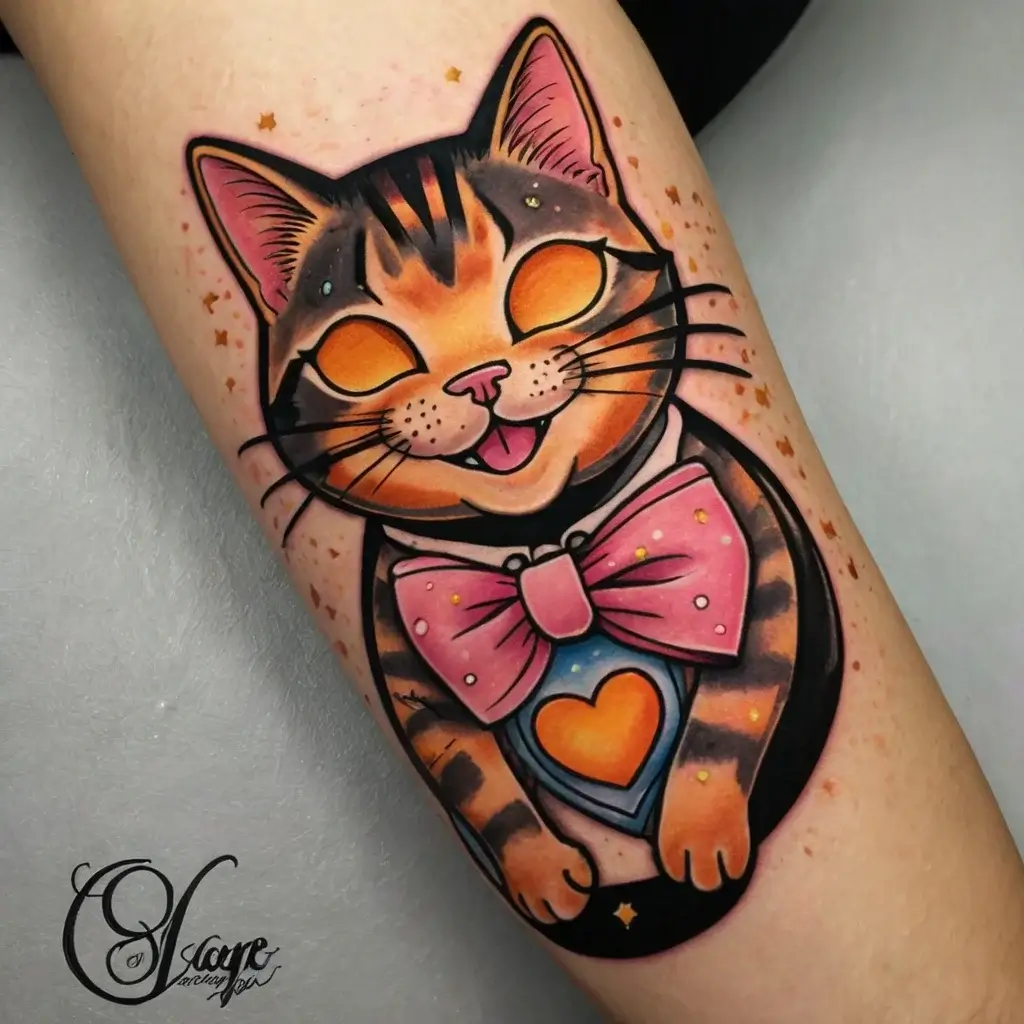 Colorful tattoo of a smiling cat with glowing eyes, wearing a pink bow tie, and a heart pendant, surrounded by sparkles.