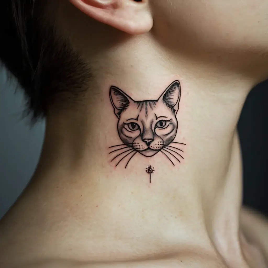 Tattoo of a minimalist cat face with intricate linework, inked on the neck. Below, a small, abstract symbol.