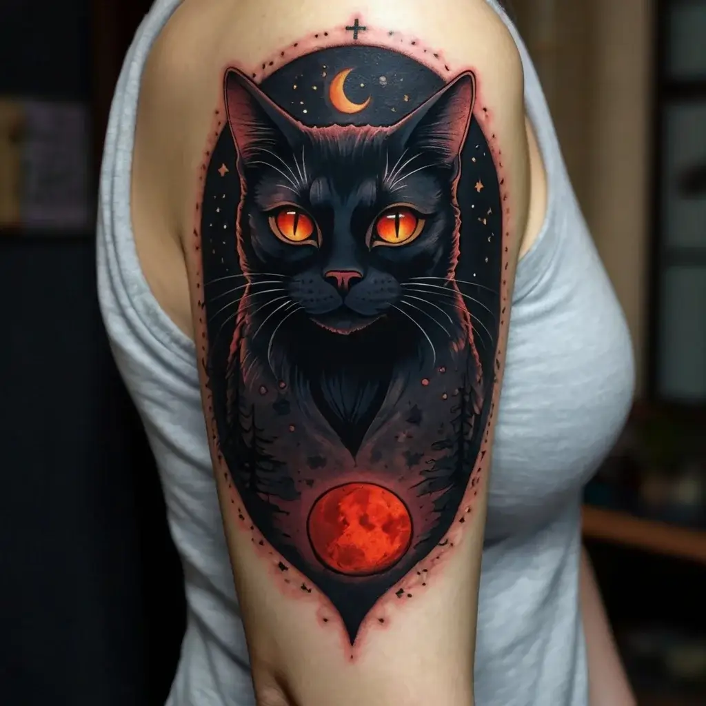 Tattoo of a black cat with glowing orange eyes, crescent moon above, and red full moon below, framed by a starry sky.