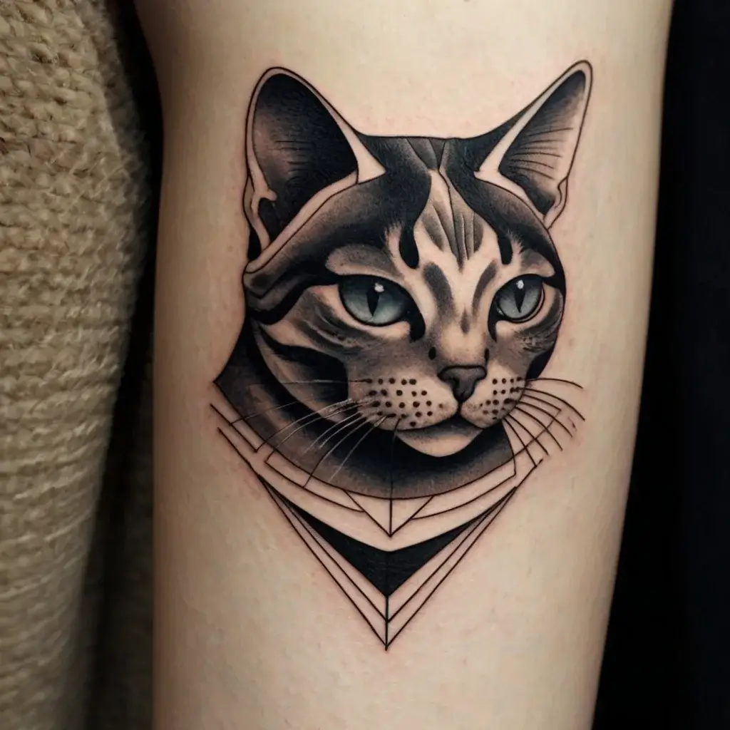 Tattoo of a realistic cat head with geometric elements, featuring intricate shading and detailed line work.