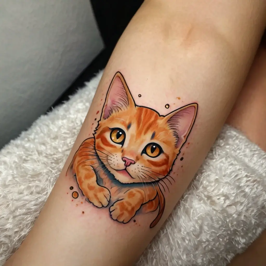 Vibrant tattoo of a playful orange tabby cat, detailed with expressive eyes and subtle shading for a lively effect.