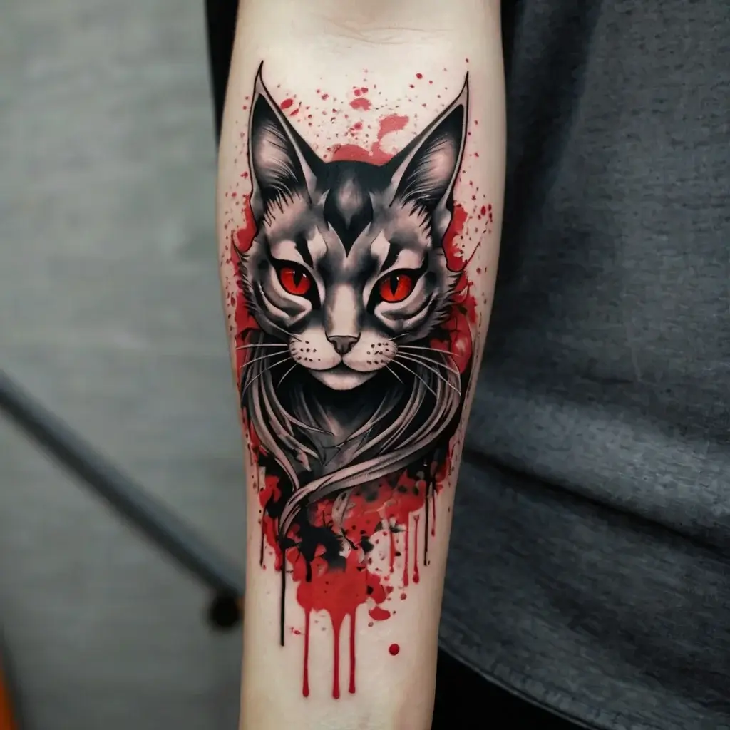 Black and gray realistic cat tattoo with piercing red eyes and red watercolor splatters, creating a dynamic look.