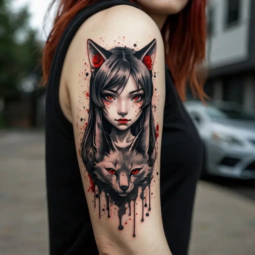 Tattoo of a woman with cat ears and red eyes, merging into a fox with red eyes, surrounded by artistic ink splatters.