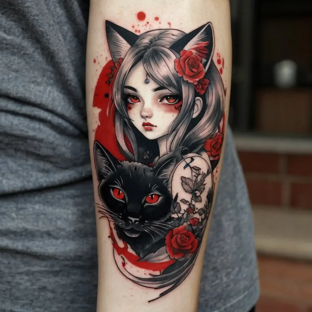 Tattoo of a girl with fox ears, surrounded by red roses and a black cat with red eyes, set against a red splash background.