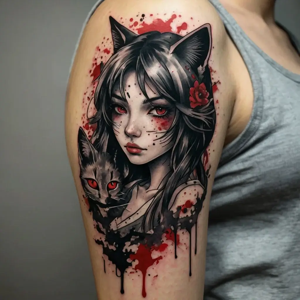 Tattoo of an anime-style girl with cat ears and red eyes, accompanied by a cat. Red splatters and detailed shading decorate the arm.