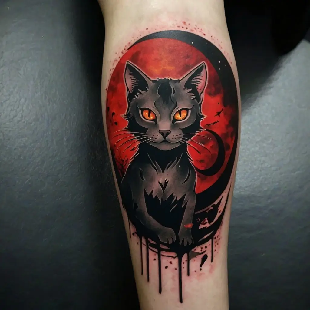 Tattoo of a mystical black cat with vivid orange eyes set against a fiery red and black moon, featuring bold outlines.