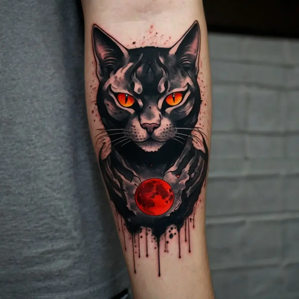 Tattoo of a fierce black cat with glowing orange eyes and a red moon beneath, featuring splattered ink details.