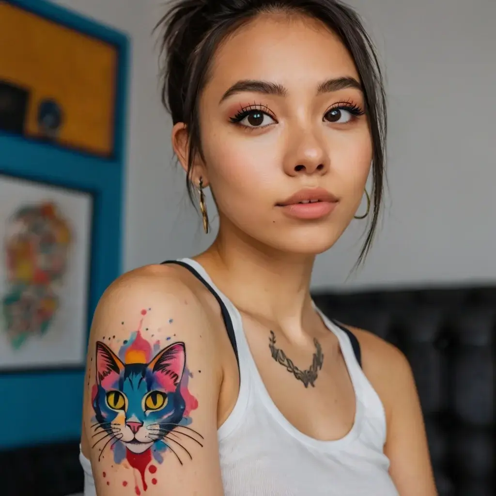 A vibrant watercolor tattoo of a cat with piercing yellow eyes and colorful splashes on the shoulder.