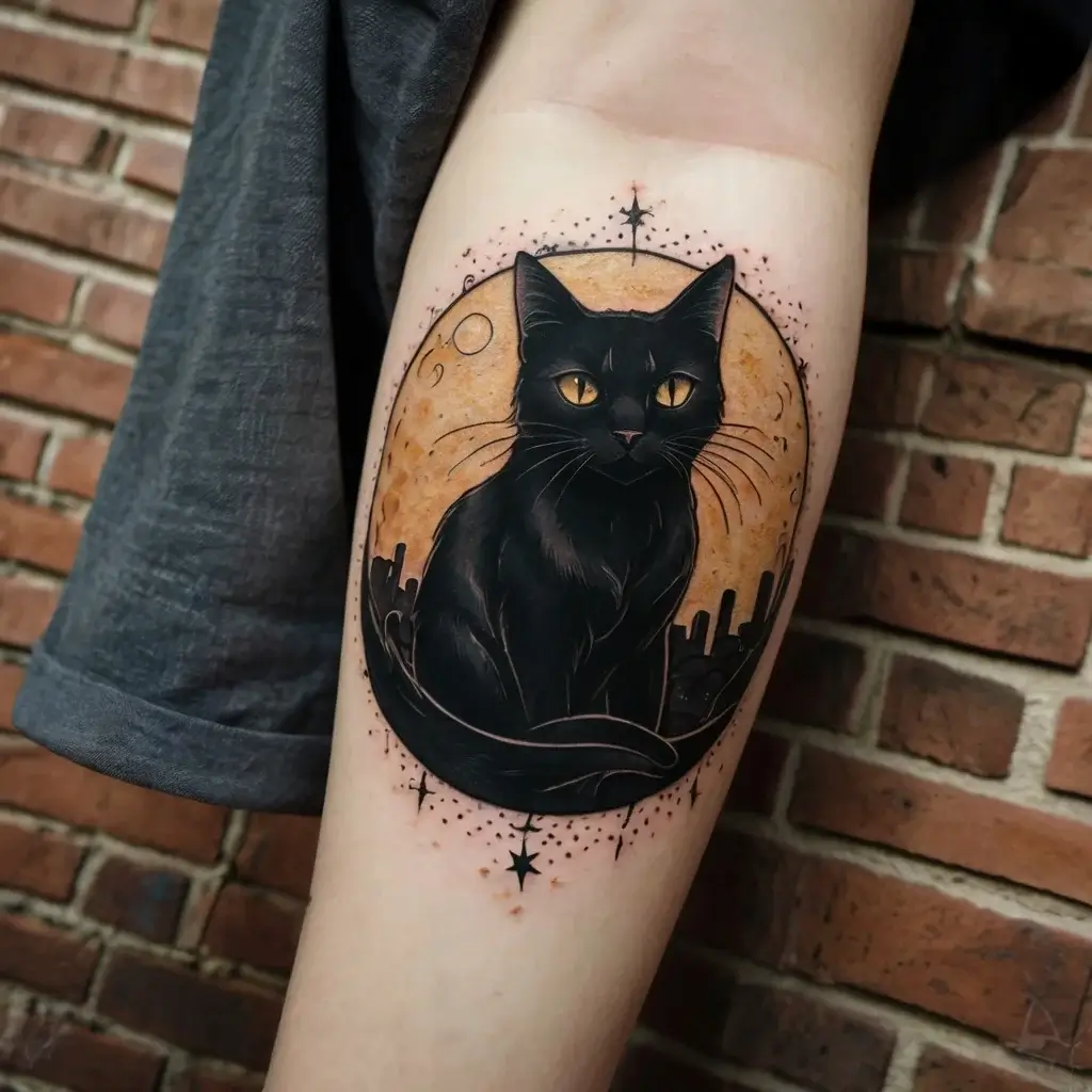 Tattoo of a black cat with yellow eyes against a crescent moon, surrounded by stars. Silhouette cityscape at the base.