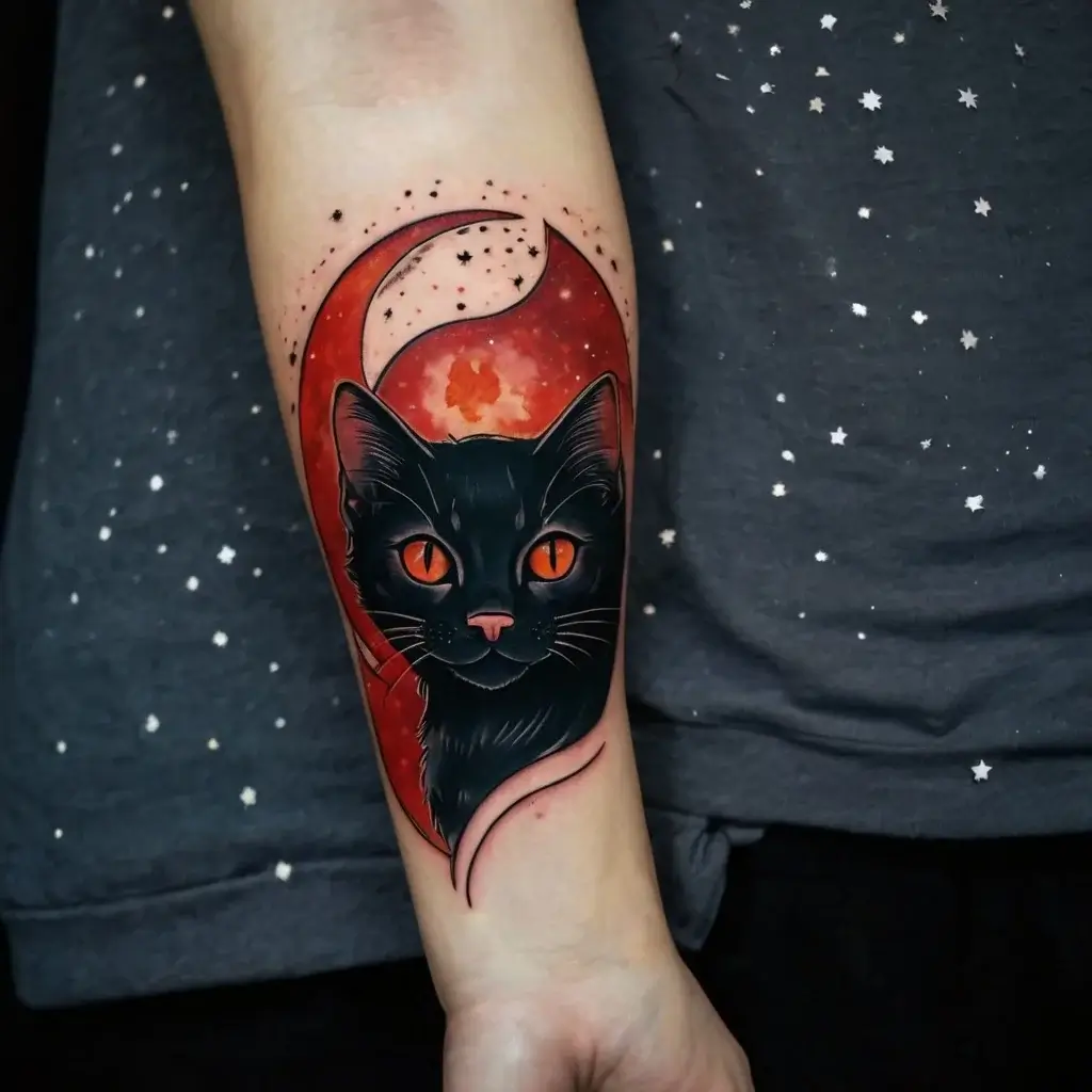 Tattoo of a black cat with orange eyes, framed by a crescent moon and night sky, against a glowing red background.