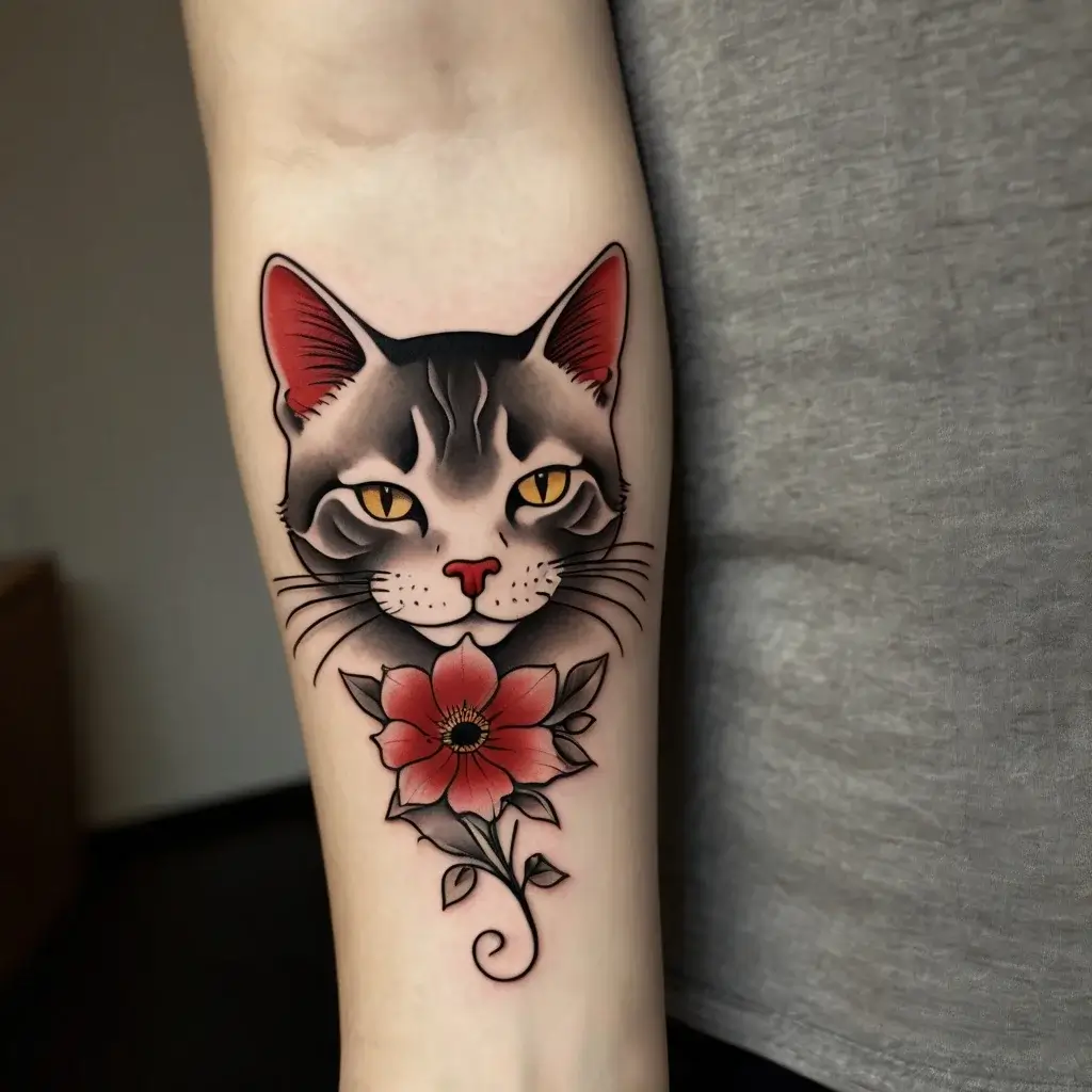 Tattoo of a cat's face with piercing eyes, above a stylized red flower; bold outlines and smooth shading.