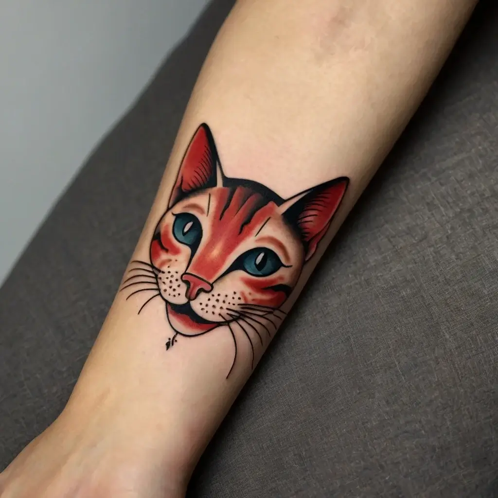 Tattoo of a stylized orange cat face with green eyes on the forearm, featuring bold outlines and vibrant shading.